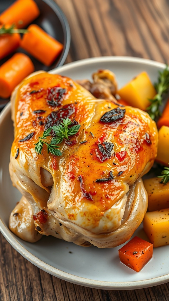Crispy oven-baked chicken thigh garnished with herbs, served with roasted vegetables on a rustic table.